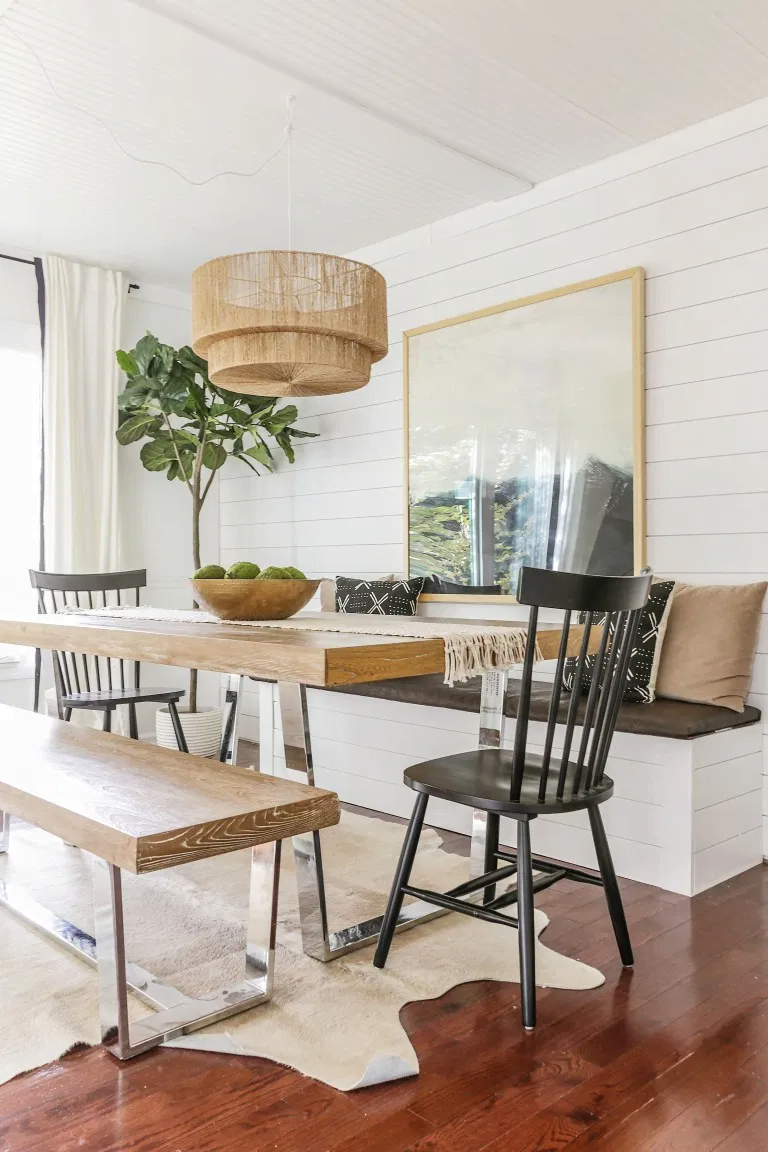 Reveal: Dining Room Office Combo with DIY Built In Storage Banquette. Love this idea for a modern farmhouse breakfast nook too.