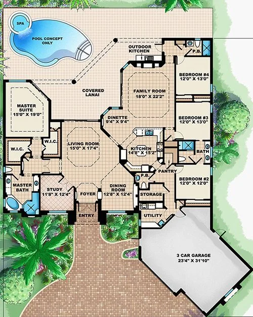 Mediterranean Plan: 3,316 Square Feet, 4 Bedrooms, 3.5 Bathrooms – 1018-00264