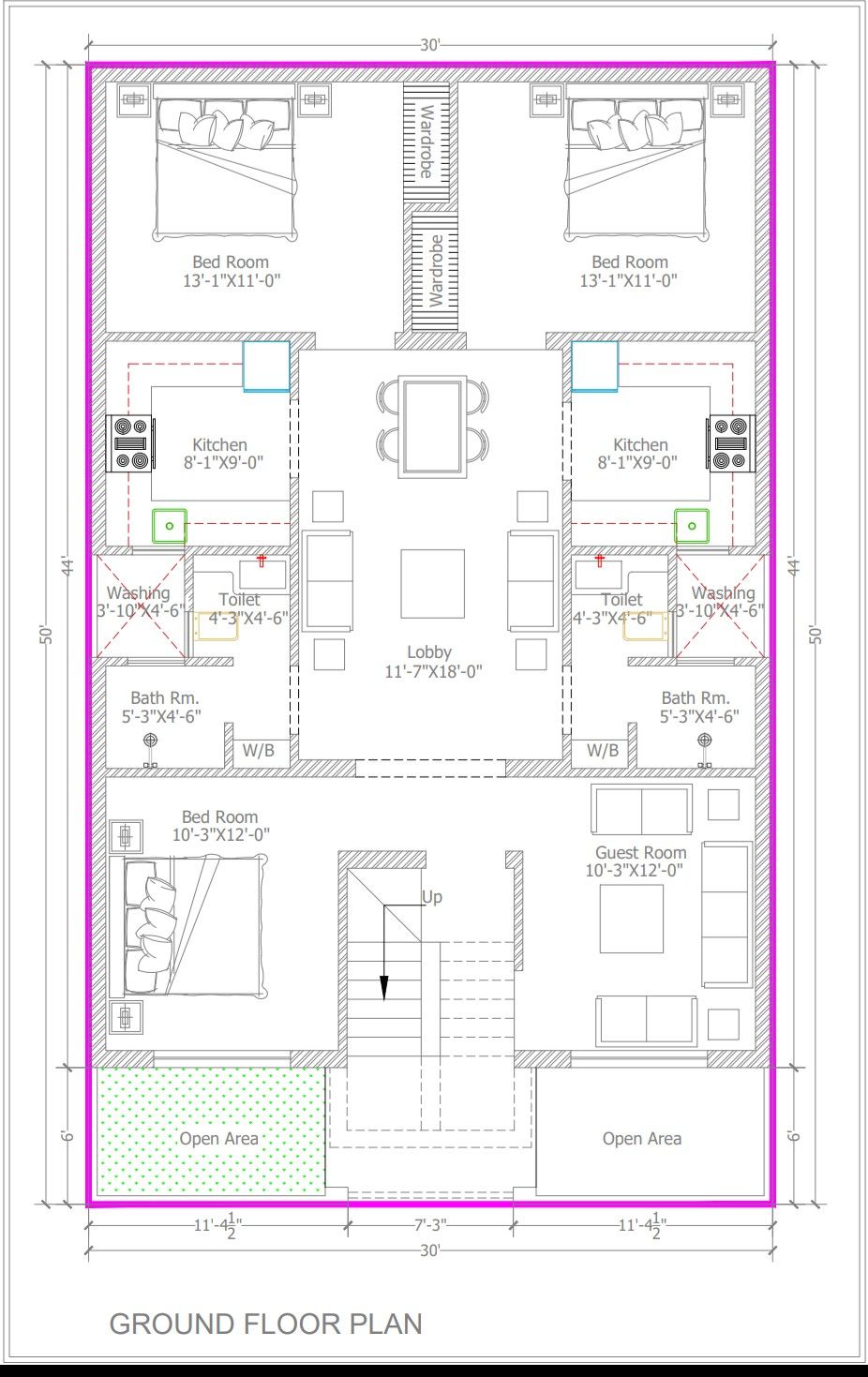 30×50 Bestie floor plan 3bhk+guest room 2seprate kitchen client praposal