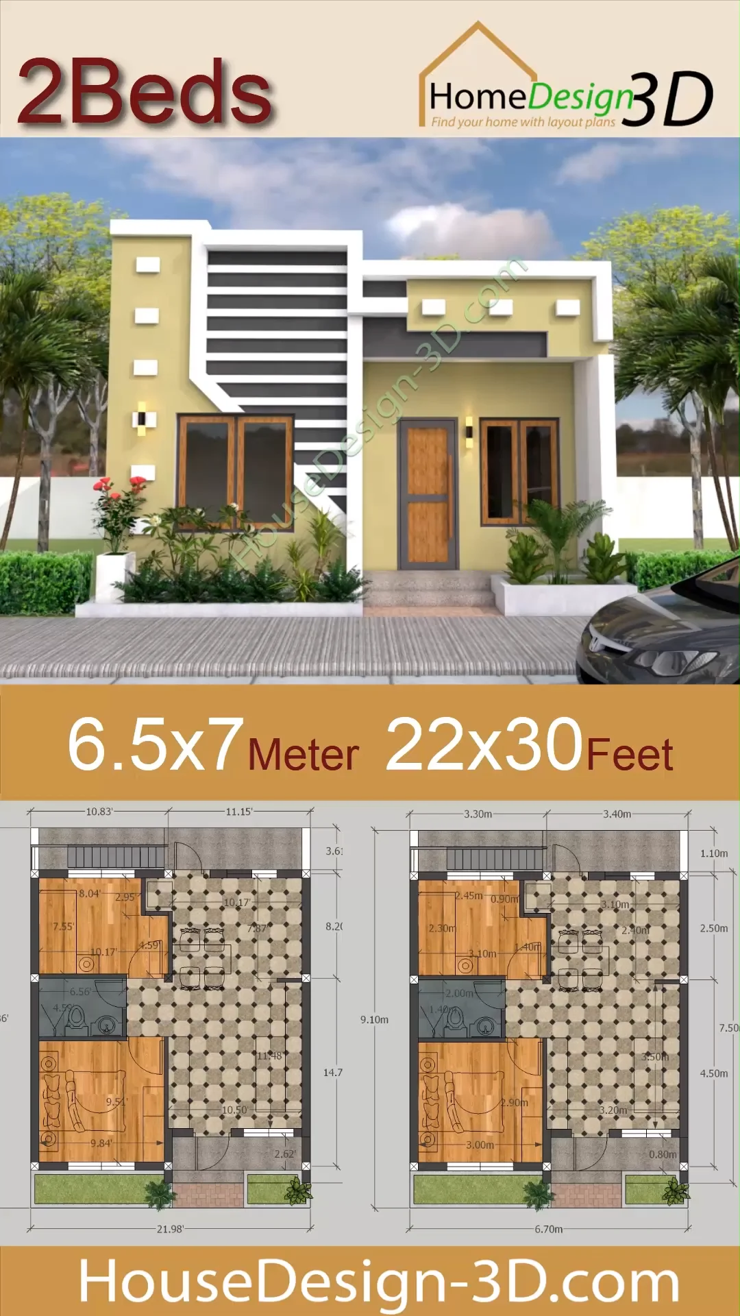 Small House Design 6.5×7 Meter with 2 Bedrooms 22×30 feet