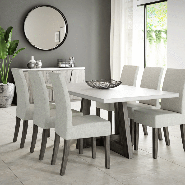 The Austin Dining Set offers clean lines with a concrete table top, upholstered seats and solid acacia wood. Its on-trend style fits into most settings, making a bold statement with its…