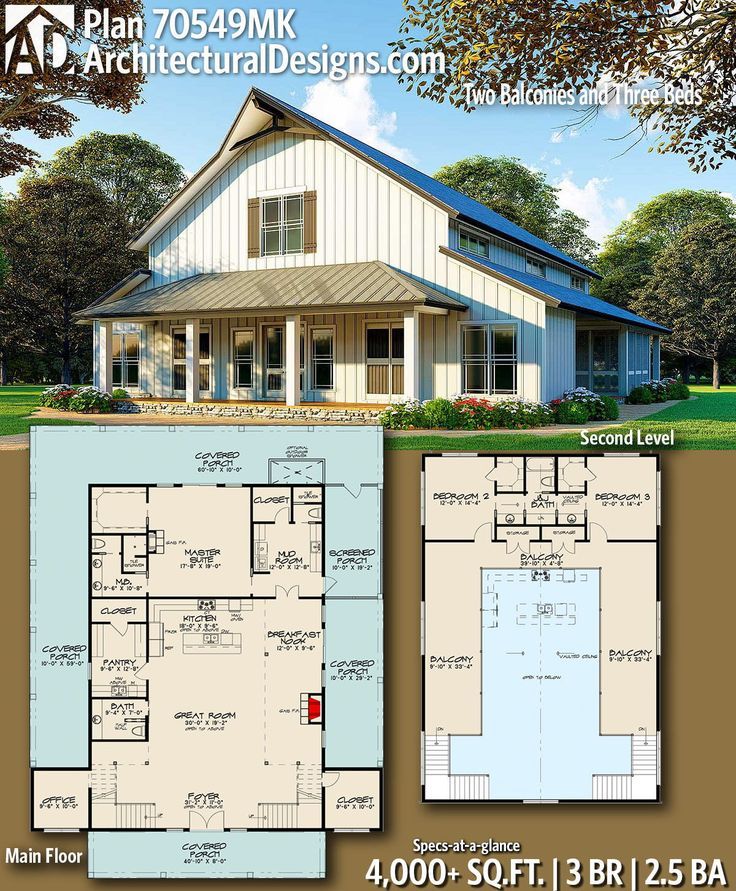 Plan 70549MK: Two Balconies and Three Beds