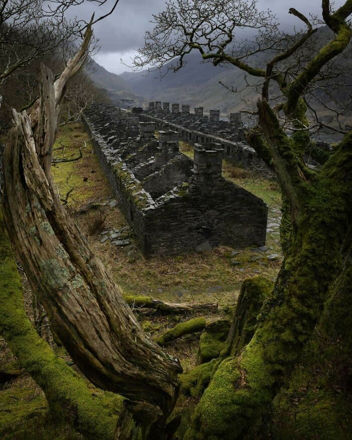 Beautiful Abandoned Miners Cottages In Unused Slate Quarry In Snowdonia, North Wales