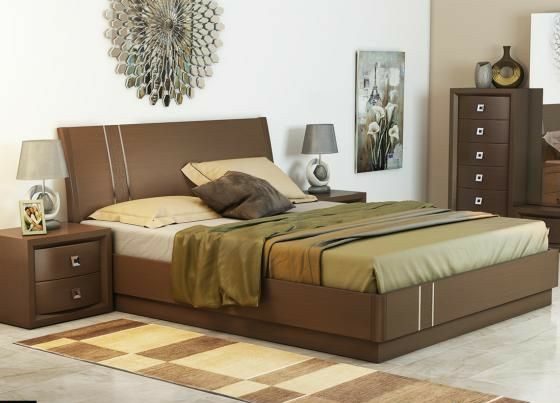Light brown bedroom furniture design with gold minimal details and sidetables